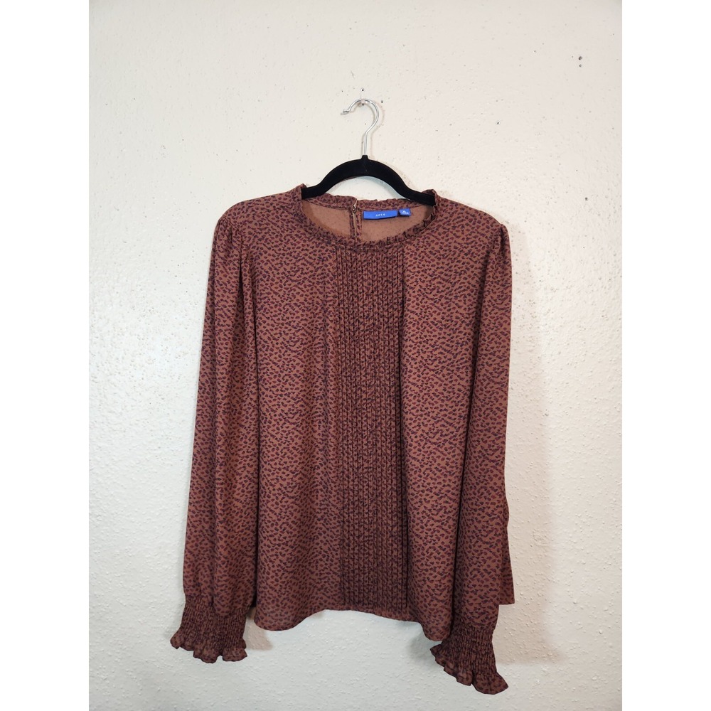 Apt. 9 Womens XL Brown Blouse Pintuck Pleated Ruffle Mock Neck Long Sleeve